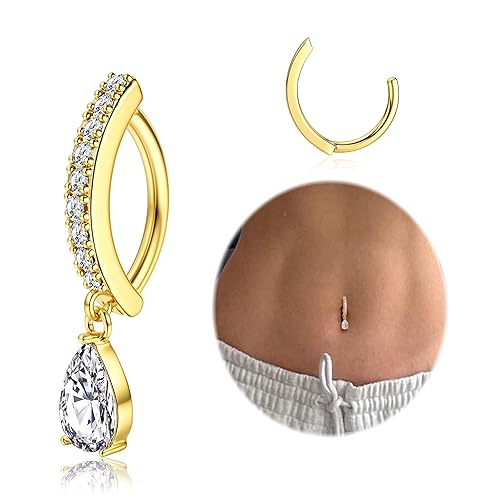 FIBO STEEL 14K Gold Plated Belly Button Rings for Women 316L Surgical Steel Clicker Belly Rings CZ Snake Flower Curved Reverse Navel Rings Belly Piercing Jewelry Barbell 14G - Dangle
