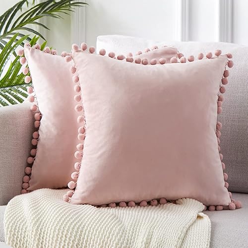 Top Finel Blush Pink Throw Pillow Covers 18x18 Inches for Couch Aesthetic Decorative Sofa Pillow Covers Set of 2 Soft Velvet Cushion Cover Pillow Cases with Pom-poms for Bedroom Livingroom Office Car - Baby Pink - 18" x 18" (Pack of 2)