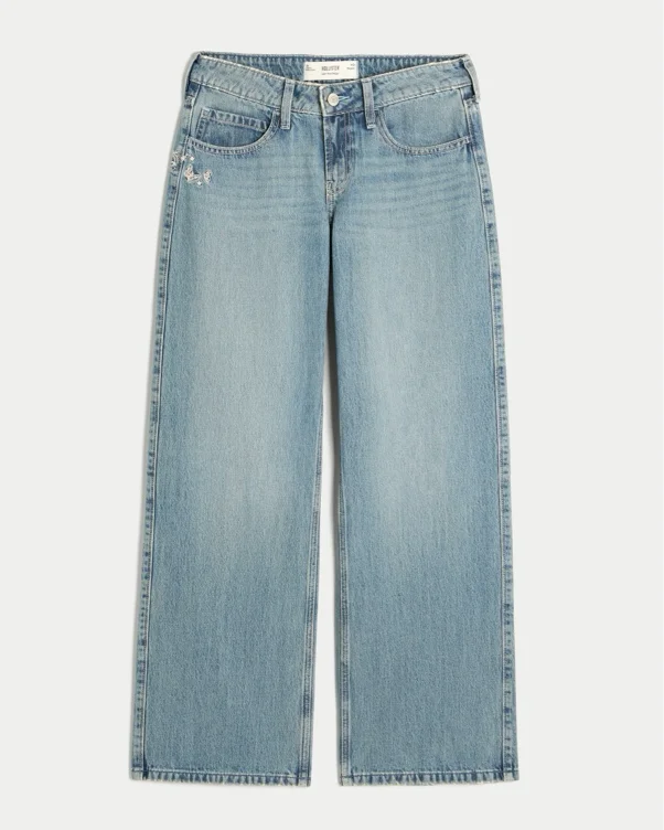 Low-Rise Medium Wash Butterfly Graphic Baggy Jeans