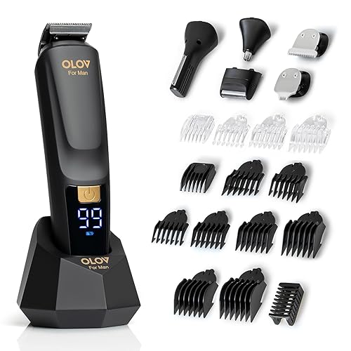 OLOV For Man Beard Trimmer, 21 Piece All-in-One Mens Grooming Kit and Hair Clipper, Nose, Ear,Body and Face, Electric Razor with USB Recharge Dock - Black