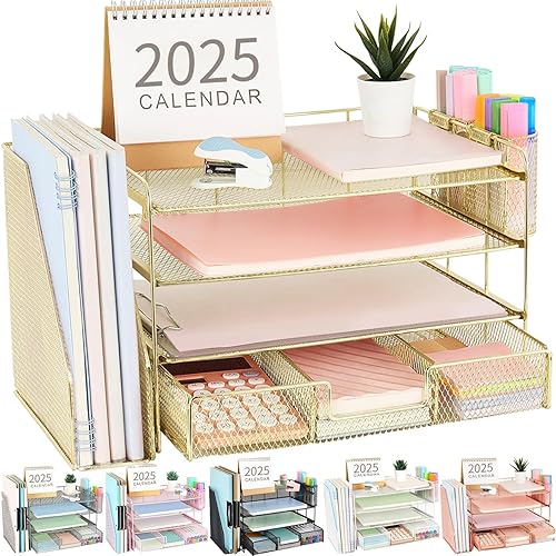 Gianotter Paper Letter Tray Organizer with File Holder, 4-Tier Desk Accessories & Workspace Organizer with Drawer and 2 Pen Holders - Gold