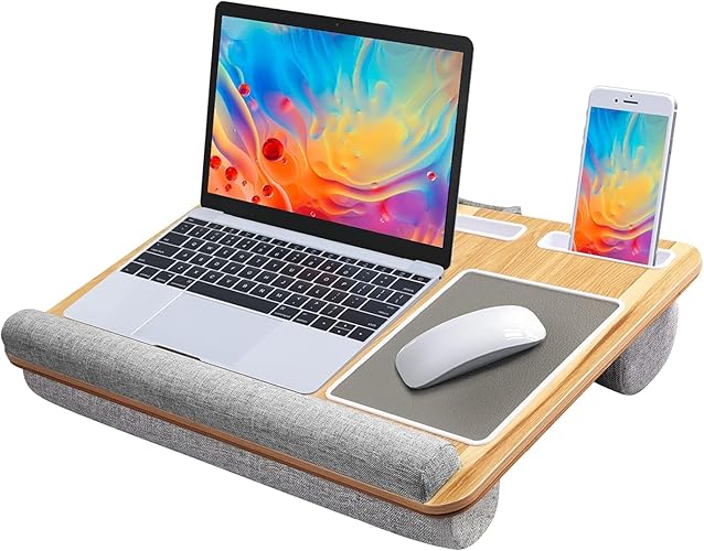 HUANUO Lap Desk - Fits up to 17 inches Laptop Desk, Built in Mouse Pad & Wrist Pad for Notebook, Laptop, Tablet, Laptop Stand with Tablet, Pen & Phone Holder (Wood Grain) - Light Brown Woodgrain