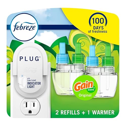Febreze Plug In Air Freshener, Odor-Fighting Scented Oil Starter Kit, Air Fresheners for Home and Bathroom and Kitchen, Long Lasting for Strong Odors, Gain Original Scent, Warmer + 2 Refill - Gain Original - 1.74 Fl Oz (Pack of 1)