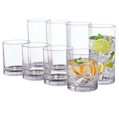 US Acrylic Classic Clear Plastic Reusable Drinking Glasses (Set of 8) 12oz Rocks & 16oz Water Cups | BPA-Free Tumblers, Made in USA | Top-Rack Dishwasher Safe - Clear