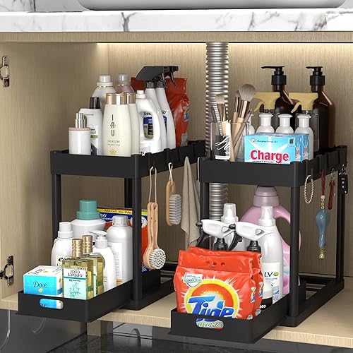 POUGNY 2PC Under Sink Organizer Rack 2 Tier Under Sliding Cabinet Basket Organizer Drawer with 4 Hooks, Multi-purpose Under Sink Storage for Bathroom Kitchen Desktop（Black） - Black 2PC