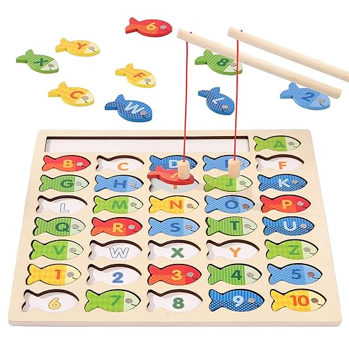 Diaodey Wooden Magnetic Fishing Game for Toddlers, Montessori Fine Motor Skills Toy with Letters and Numbers, Preschool Learning ABC and Puzzle Educational Toys Gift for 3 4 5+ Year Old Kids(2 Poles) - Style A