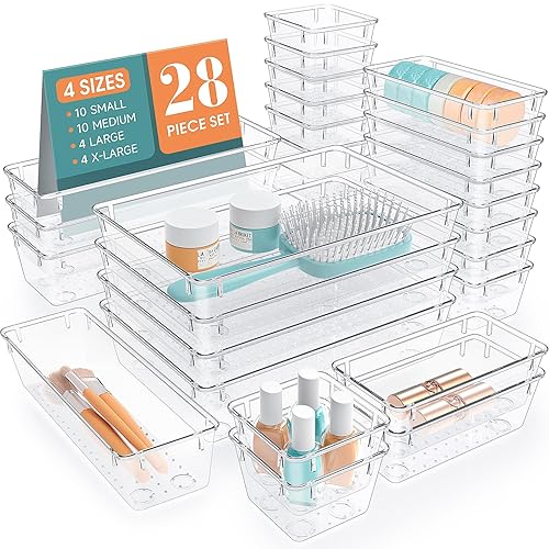 StorMiracle 28 PCS Clear Plastic Drawer Organizers Set, 4 Size Desk Drawer Organizer Trays for Makeup, Jewelry, Kitchen Utensils, Gadgets and Office Accessories - 28 PCS - Clear