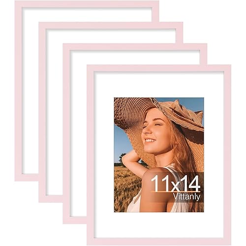 Vittanly 11x14 Picture Frames Set of 4, Display Pictures 8x10 with Mat or 11x14 without Mat, Gallery Wall Frame Set for Wall or Tabletop, Engineered Wood with Shatter Resistant Plexiglass, Pink - Pink - 11x14