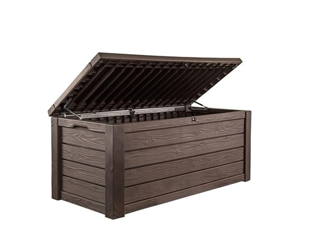 Keter Outdoor Storage Deck Box, 150 Gallon Resin Patio Bin & Bench, Wood Grain, Brown - Brown