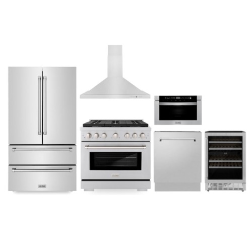 ZLINE Kitchen Package with Refrigerator, 36 in. Stainless Steel Gas Range, 36 in. Range Hood, Microwave Drawer, 24 in. Tall Tub Dishwasher and Wine Cooler (6KPR-SGRRH36-MWDWV-RWV) | Default Title