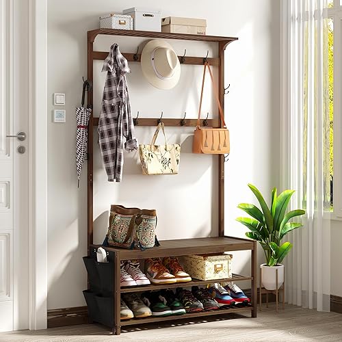 AMBIRD Hall Tree with Shoe Bench Entryway Bench with Coat Rack 6-in-1 Coat Rack Shoe Bench with Cloth Bag Storage Bench with 14 Coat Hooks, Sturdy Bamboo Frame, Large Size, Brown 39 * 15 * 70 Inches - 39'' L