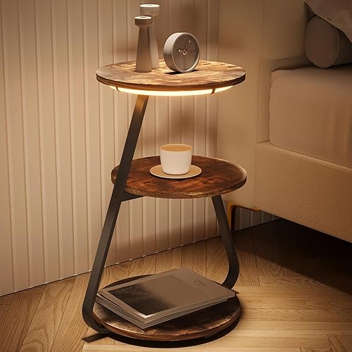 ARTETHYS Side Table, Small Round Coffee Table with 3 Color LED Lights, End Table with 3 Tier Storage Shelves, Bedside Sofa Side Tables for Living Room Bedroom, Rustic Brown - Set of 1 - Brown
