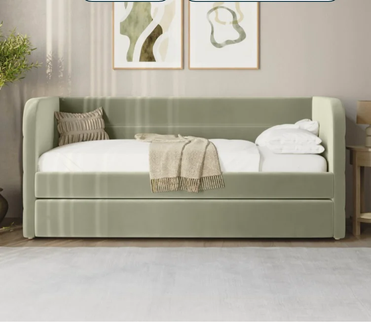 Velvet Single Day Bed with Trundle in Sage Green - Newton