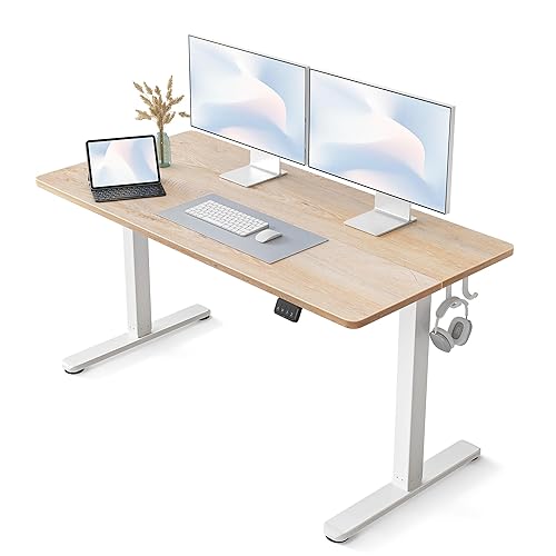 FEZIBO Height Adjustable Electric Standing Desk, 140 * 60cm Stand up Table, Sit Stand Home Office Desk with Splice Board, Oak Top - 140*60cm Splice Board - Sb-oak