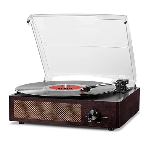 Mersoco Vinyl Record Player Bluetooth Belt-Driven 3-Speed Turntable, Vintage Retro Record Players Built-in Stereo Speakers - Brown