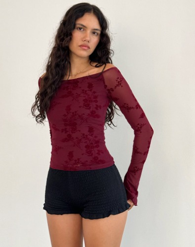 Lutana Top in Botanical Flower Maroon | XXS