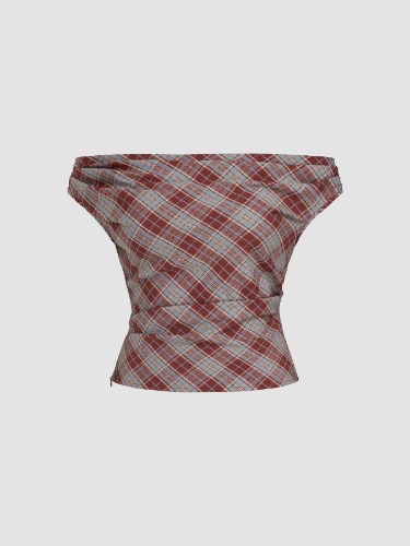Off-shoulder Tartan Ruched Crop Top