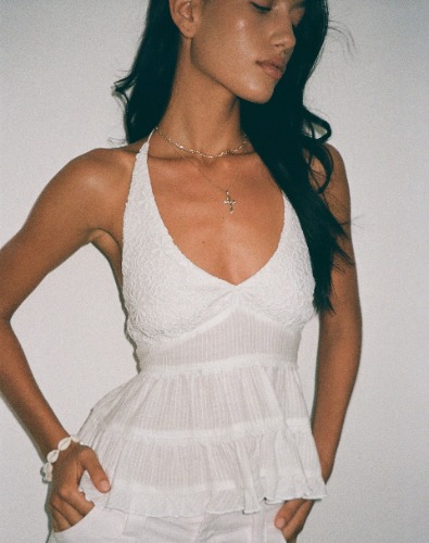 Juanita Frill Halterneck Top in Crochet White | XXS