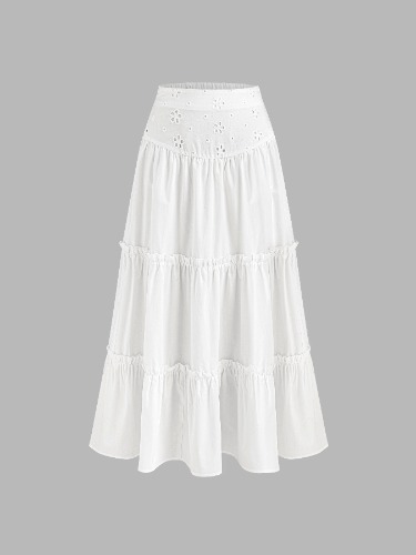 Woven Mid Rise Lettuce Trim Tiered Maxi Skirt