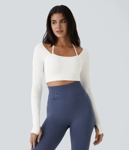 Ribbed Halter Strap Thumb Hole Cropped Yoga Sports Top