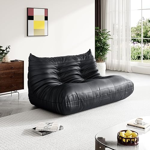 Fireside Corner Bean Bag Chairs for Adults,Comfy Lazy Floor Sofa Couch, Soft Lounge Foam-Filled Couches Loveseat Chair for Living Room Bedroom Office,Black - Black - 2 Seater