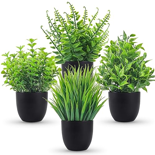 Der Rose Fake Plants 4 Packs Artificial Plants Small Faux Plants Black Bathroom Accessories for Bathroom Home Office Desk Decor Indoor - 4