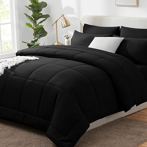 CozyLux Full Size Comforter Sets 7 Pieces Bed in a Bag Full Black Comforter Full Size Bed Set Bedding Sets with All Season Quilted Comforter, Flat Sheet, Fitted Sheet, Pillowcases, Black, Full - Black - Full