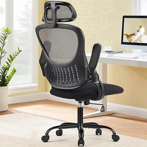 Sweetcrispy Office Computer Desk Chair, Ergonomic High-Back Mesh Rolling Work Chairs with Wheels and Adjustable Headrests, Comfortable Lumbar Support, Comfy Flip-up Arms for Home,Bedroom,Study, Black - Flip-up Armrest - Black