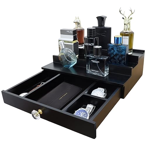 Iswabard Wooden Cologne Organizer for Men Display Risers Countertop Organizer 3 Tier Cologne Stand with Storage Drawer Cologne Holder Cologne Shelf Great Gift Perfume Dresser Organizer (black)