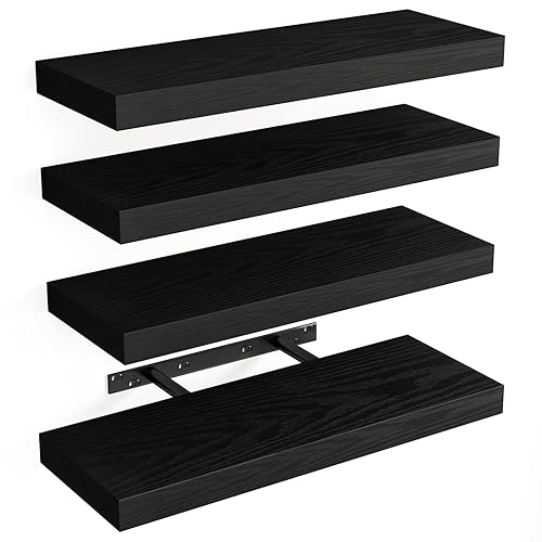 Fixwal Floating Shelves for Wall, Wall Mounted Rustic Wood Shelves for Bathroom, Living Room, Bedroom and Kitchen, Wall Shelves for Storage,Books,Room Decor (Black, Set of 4, 15.8 Inch) - 4 - Black