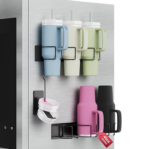 Magnetic Stanley Cup Holder for Refrigerator, Water Bottle Organizer for Stanley 40 oz Tumbler with Handle, Tumbler Lid Organizer for Stanley Cup Accessories, Gifts Ideal - Black - 6 Tumblers