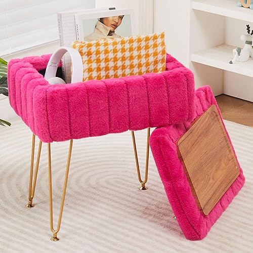 Wimarsbon Faux Mink Fur Storage Ottoman, Modern Soft Footstool, Storage Bench with Metal Legs, Vanity Seat, Fur Stool, Ottoman Coffee Table, Makeup Chair, Vanity Stools for Bedroom (Rose Red) - Rose Red