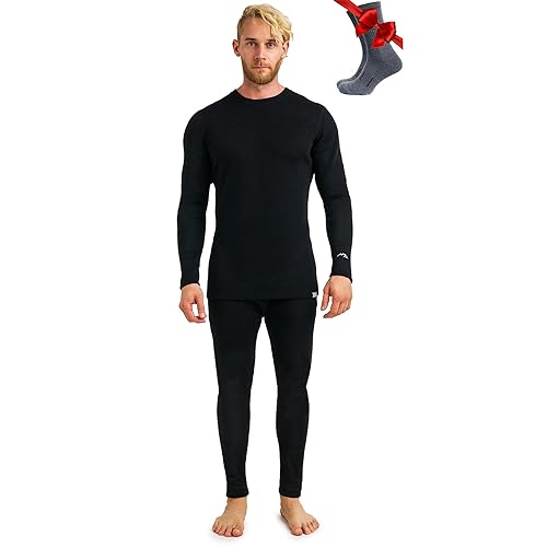 Merino.tech Merino Wool Base Layer Mens Set - Midweight, Heavyweight, Lite Merino Wool Thermal Underwear For Men Top, Bottom - Medium - .320 Black Set
