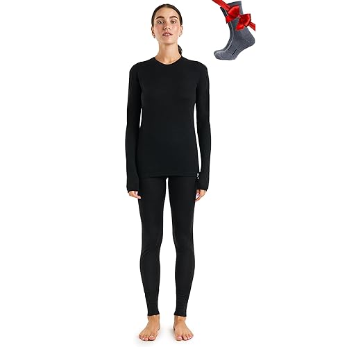 Merino.tech Merino Wool Base Layer Women Set - Lite, Midweight, Heavyweight Merino Thermal Underwear For Women Top, Bottom - Medium - Lite 165 Black Set