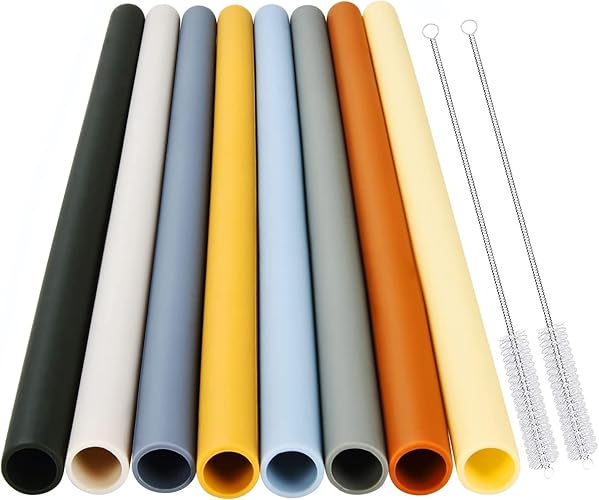 Alink 8-Pack Reusable Silicone Straws - Long Flexible Rubber Silicone Drinking Straws for 20/30/32oz Tumblers, Jars, with 2 Cleaning Brush - 8 straight