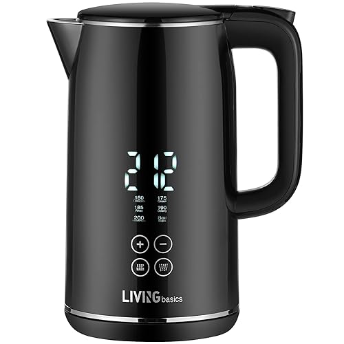 LIVINGbasics Smart Temp Digital Electric Kettle with 6 Temperature Settings, Cool Touch Double Layer, Full Stainless Steel Interior 1.7-Liter 1500W