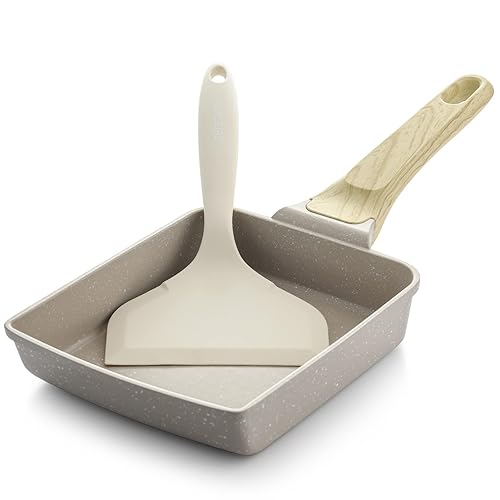 SENSARTE Japanese Omelette Pan, Tamagoyaki Egg Pan, Nonstick Frying Pan with Spatula, Healthy Granite Cookware, PFOS & PFOA Free, 6" x 7" (White) - 6" x 7" with Spatula - Granite White