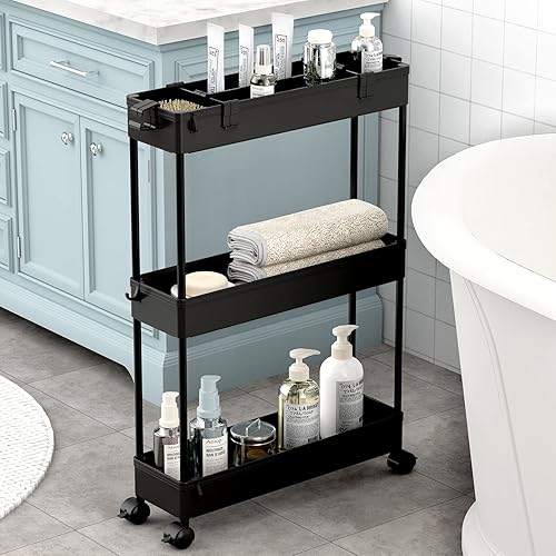 SPACELEAD Slim Storage Cart,3 Tier Bathroom Rolling Utility Cart Storage Organizer Slide Out Cart, Mobile Shelving Unit Organizer trolley for Office Bathroom Kitchen Laundry Room Narrow Places, Black - Black