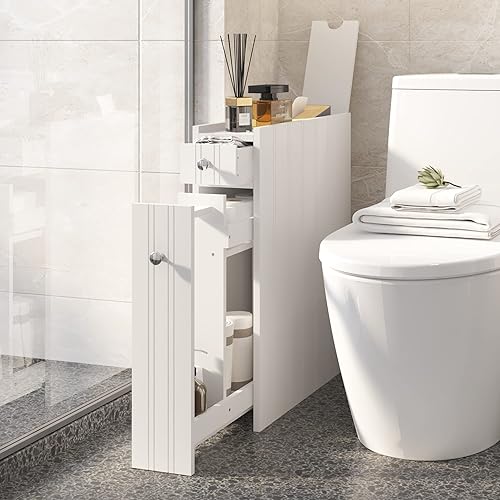 soges Bathroom Storage Cabinet, Beside Toilet Cart with Slide Out Drawer, Free Standing Toilet Organizer Paper Holder, Home Kitchen Living Room Narrow Floor Organizer, White,10BHHFBM03WH-N-CA