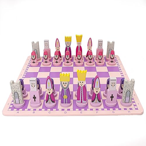 Pink Chess Set Wooden with Board Educational Adults, Cartoon Board Game Cute