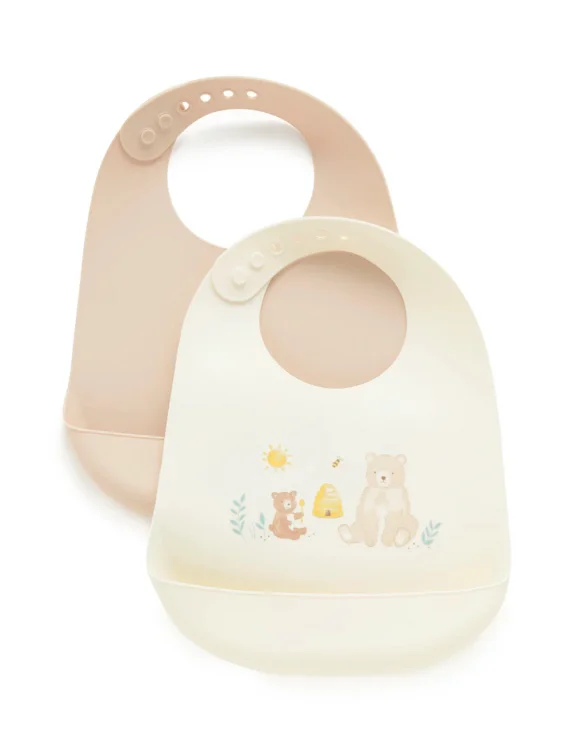 Beige Bear 2 Pack Silicone Bibs