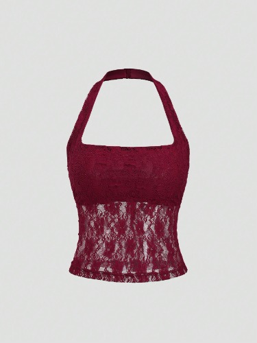 Sweetra Elegant And Sexy Solid Lace Halter Top Y2K Outfit Christmas Holiday Party Dress  For New Year Clothes