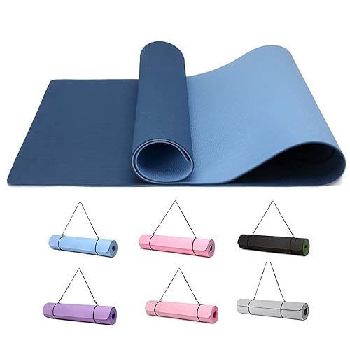 Good Nite Yoga Mat Exercise Fitness Mat Extra Thick Non-Slip Training Mats for Sports Pilates Gym Mats Floor Gym Resistance Mat with Carrying Strap 183 x 61 x 0.6 cm - Dark Blue/ Sky Blue