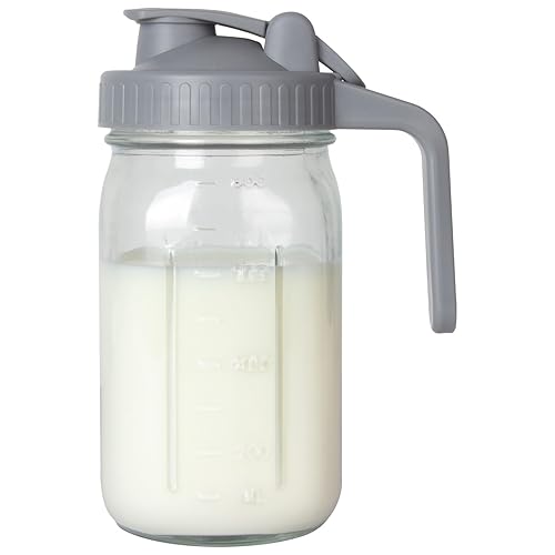 Breast Milk Pitcher, Mason Jar 32 oz, Heavy Duty Wide Mouth Jar with Flip Cap Lid and Pour Spout - Airtight Seal for Freshness and Convenience - Great for Cold Beverages, and Home Entertaining - 32 Ounces - Gray