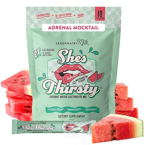 Legendairy Milk She’s Thirsty Hydration Packets | Cortisol Supplement for Stress Relief & Adrenal Support | Coconut Water Electrolytes Powder, Watermelon, No Sugar Added 18 ct