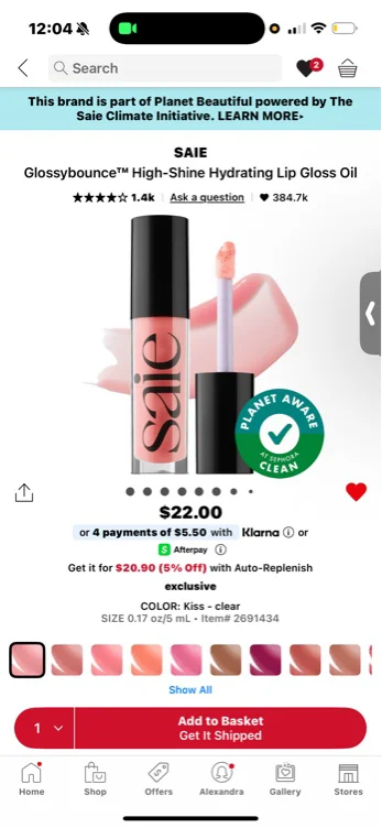 Saie lipgloss shade kiss 
