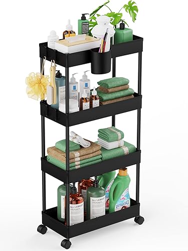 LEHOM Slim Rolling Storage Cart - 4 Tiers Bathroom Organizer Utility Cart Slide Out Storage Shelves Mobile Shelving Unit for Kitchen, Bedroom, Office, Laundry Room, Small Narrow Spaces Black - Black