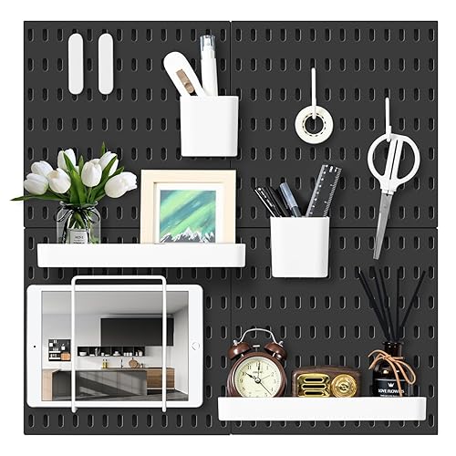 VUSIGN Pegboard Combination Wall Organizer Kit, 4 Pieces Pegboards and 17 Accessories Modular Hanging, Wall Mount Display Peg Board Panel Kits for Bedroom, Home, Office, Bathroom, 22" x 22", Black - Black - 4 Pieces - 22''×22''