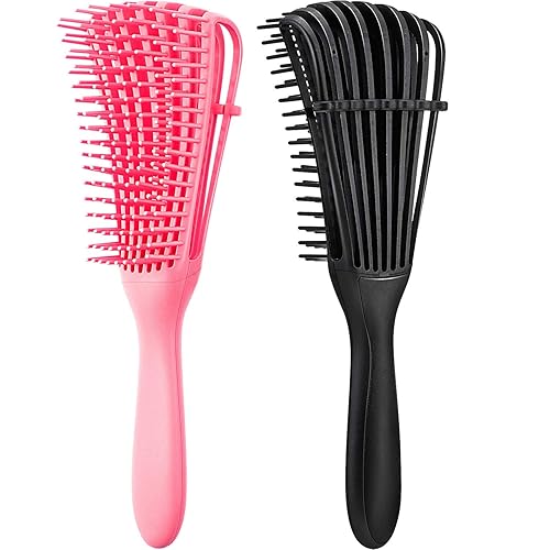 2 Pieces Detangling Brush for Afro America/ African Hair Textured 3a to 4c Kinky Wavy/ Curly/ Coily/ Wet/ Dry/ Oil/ Thick/ Long Hair, Knots Detangler Easy to Clean (Black, Pink)