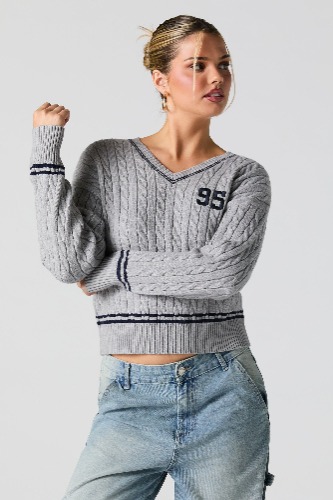 Number Embroidered Cable Knit Sweater | Heather Grey / L/G